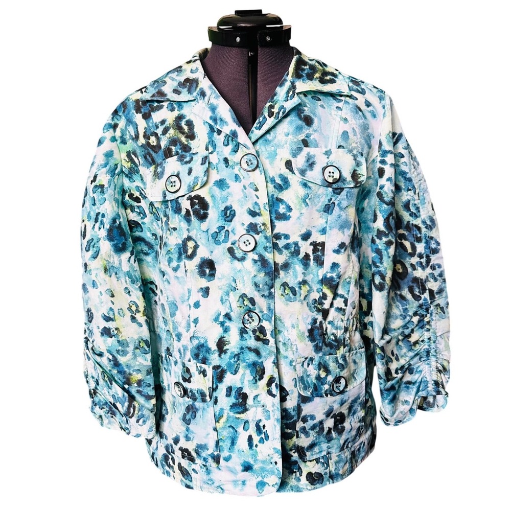 Chicos Women's Teal Blue Leopard Print Button Front Jacket Size 1